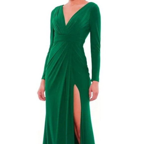 ieena Mac Duggal Emerald Green Long Sleeve Wrap Jersey Gown